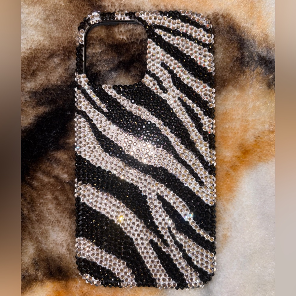 Zebra Pattern Rhinestone iPhone 13 Pro Max Case - Black and White